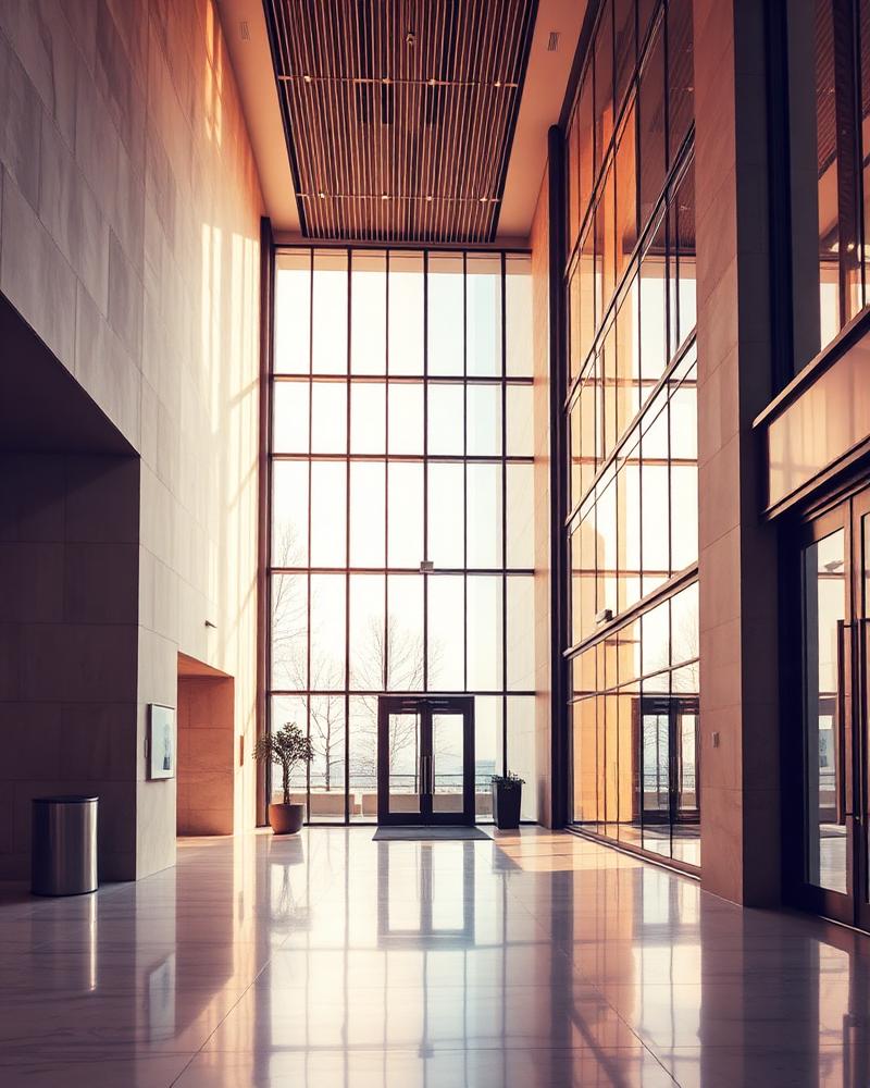Commercial office lobby with stone and glass