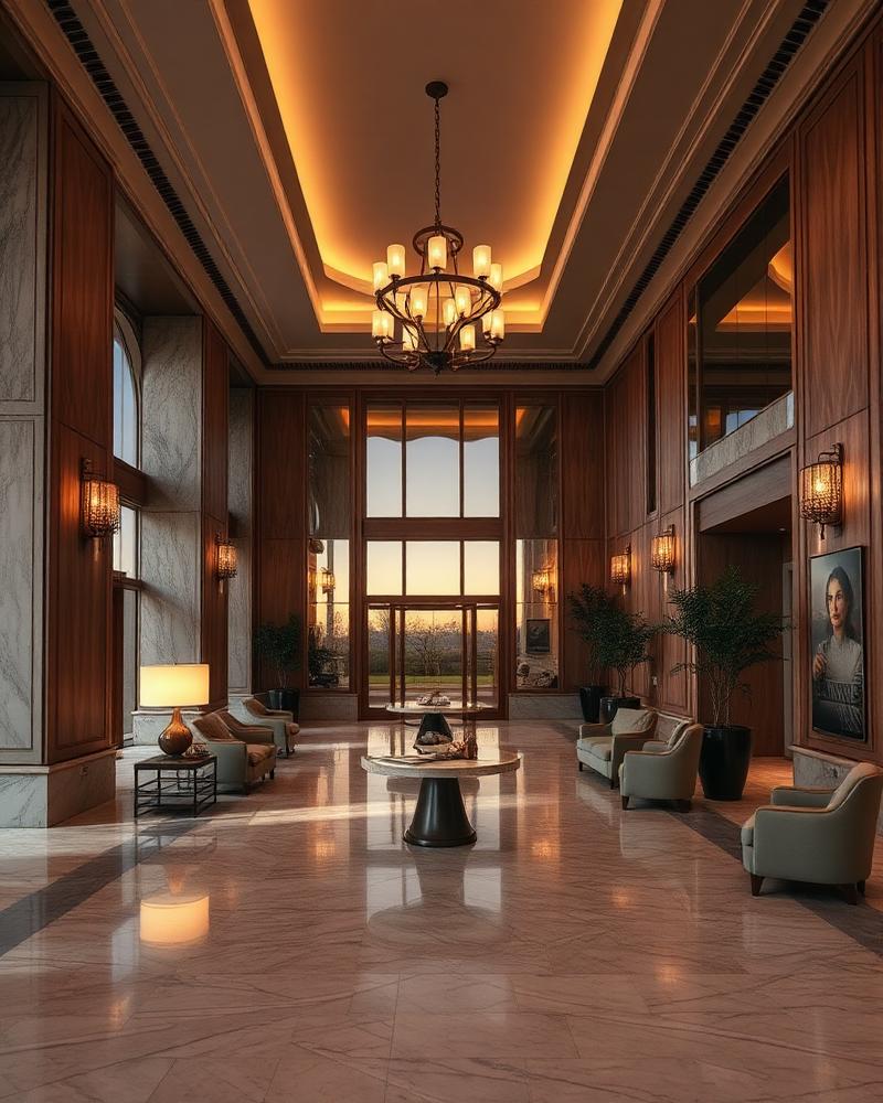 Boutique hotel lobby at dusk