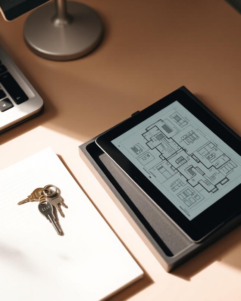Property management desk with floorplans and keys