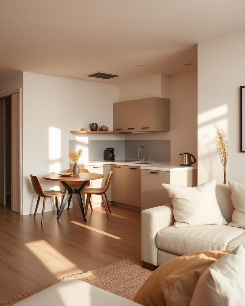 Serviced apartment living space in warm daylight