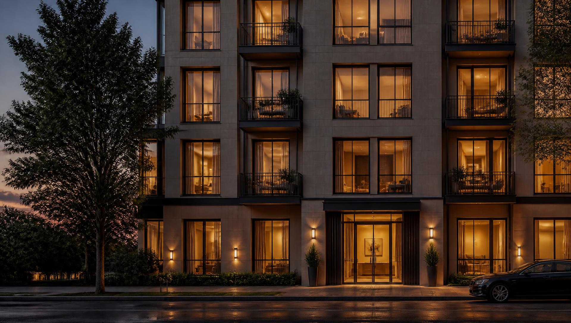 Apartment building facade glowing at dusk