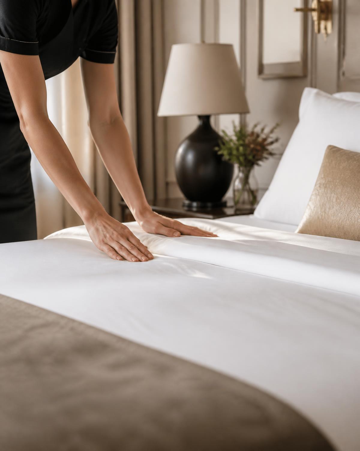 Housekeeper smoothing crisp linen in a prepared bedroom