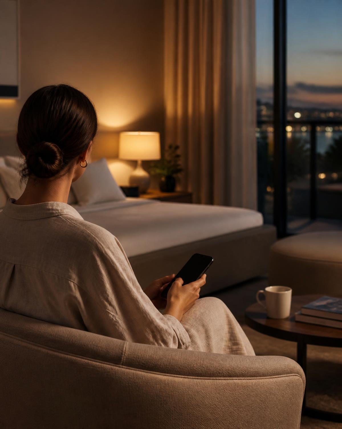 Guest using their phone in a warmly lit premium apartment at dusk