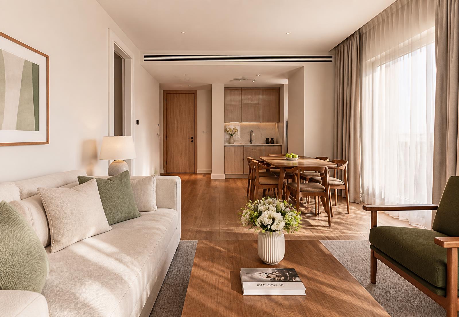 Sunlit serviced apartment living space prepared for the next guest