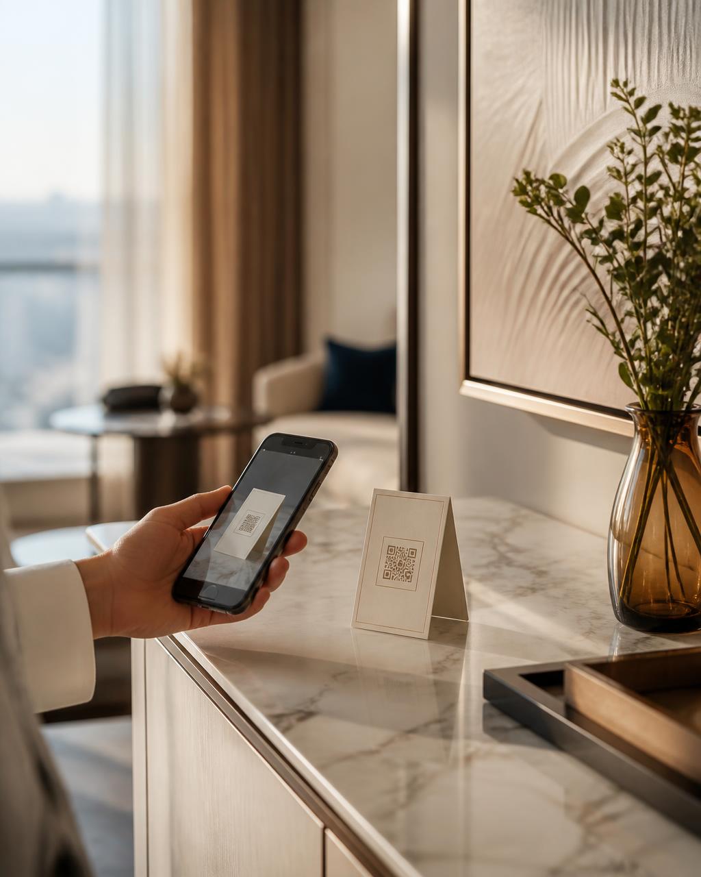 Guest scanning a QR code card with a phone in a premium serviced apartment