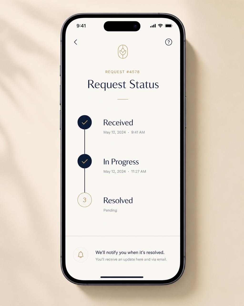 Mobile status timeline showing Received, In Progress and Resolved