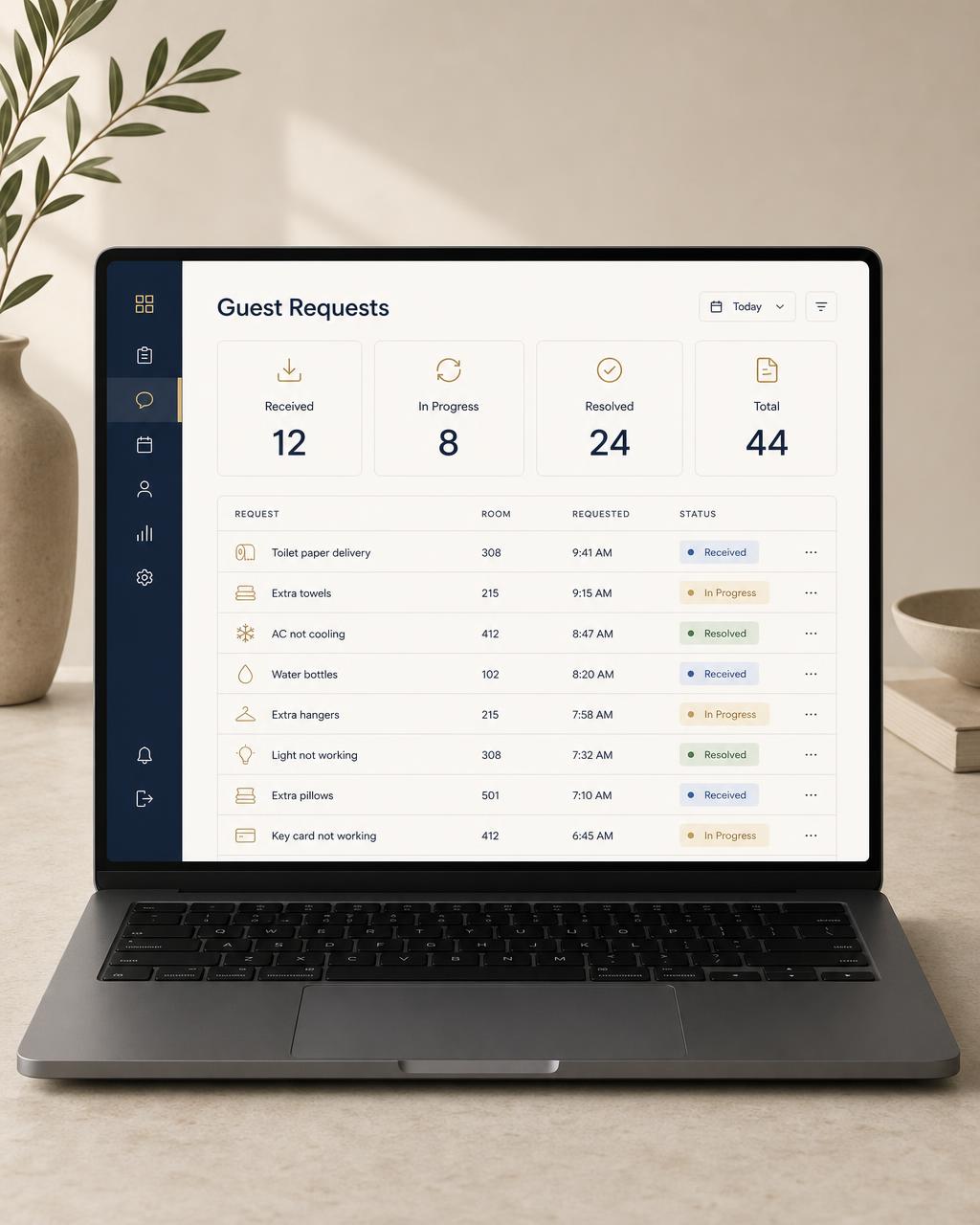 Laptop dashboard listing property requests with their current statuses