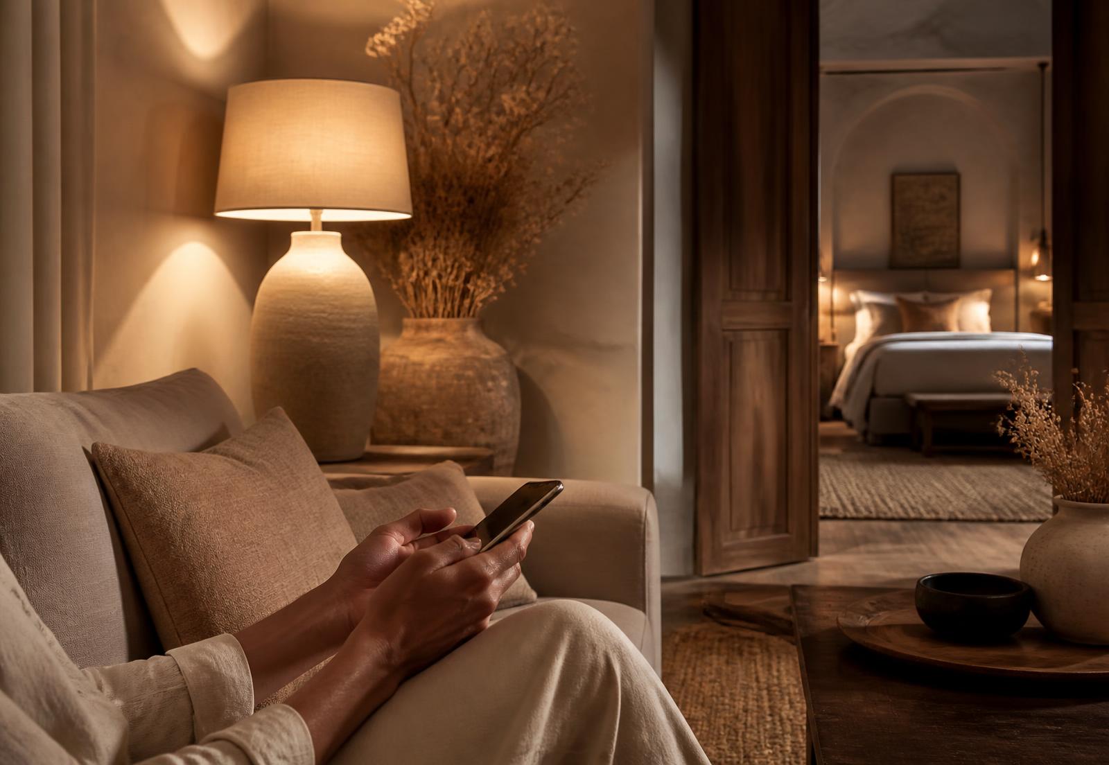Guest using their phone in a warmly lit premium apartment stay