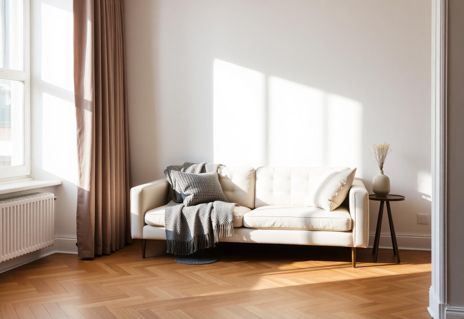 Serviced apartment living room in warm daylight